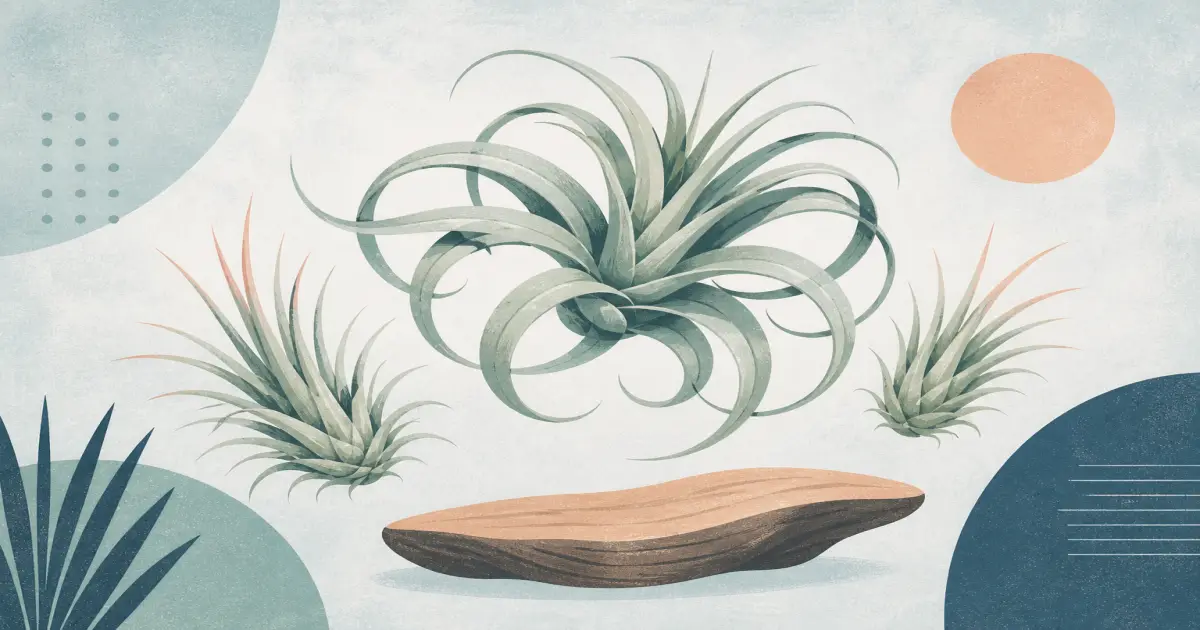 Geometric screenprint of silvery Tillandsia air plants on mist paper