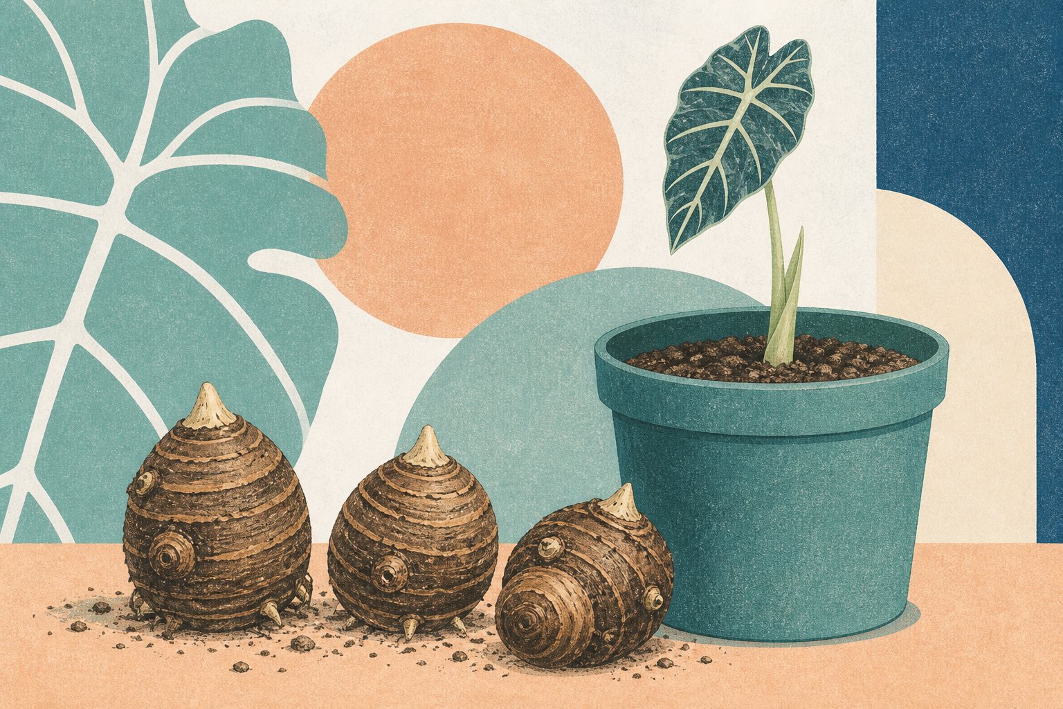 Geometric screenprint of Alocasia corms and a young leaf in a small pot