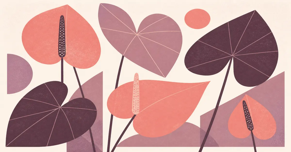 Geometric screenprint of an anthurium leaf and spathe shapes