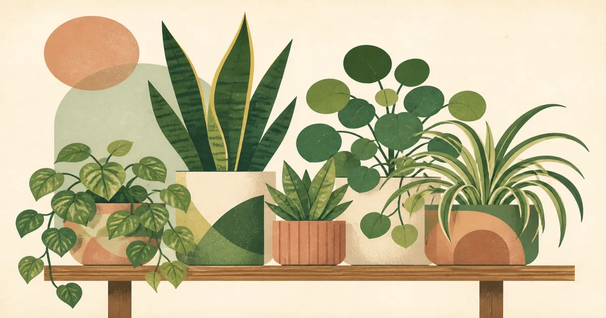Geometric screenprint of sturdy beginner houseplants in simple pots