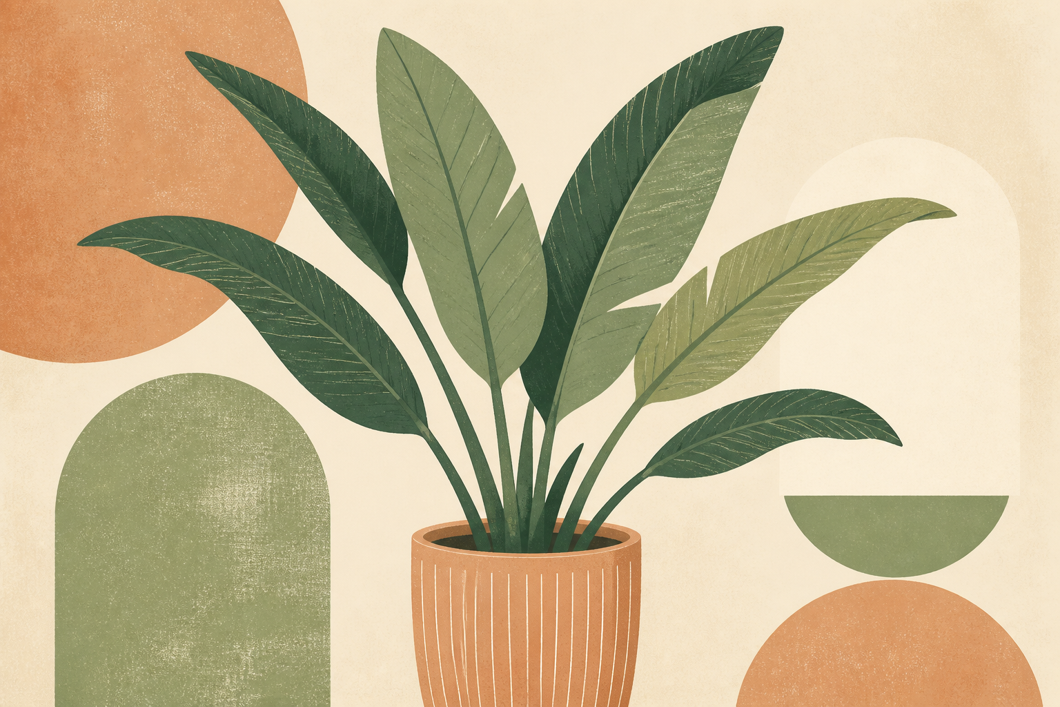 Geometric screenprint of broad bird of paradise leaves in a tall pot