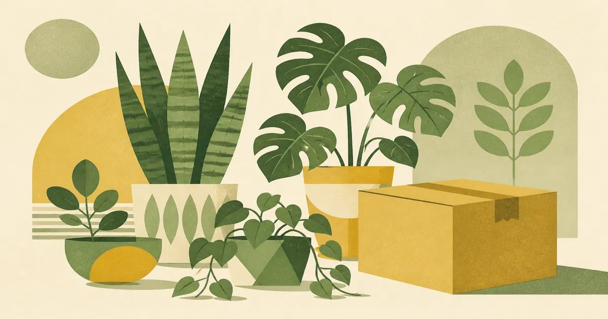 Geometric screenprint of houseplants in pots beside a shipping box shape