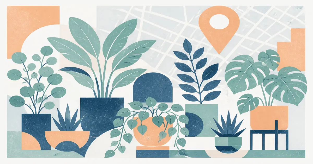 Geometric screenprint of a local plant meetup with pots and a city map shape
