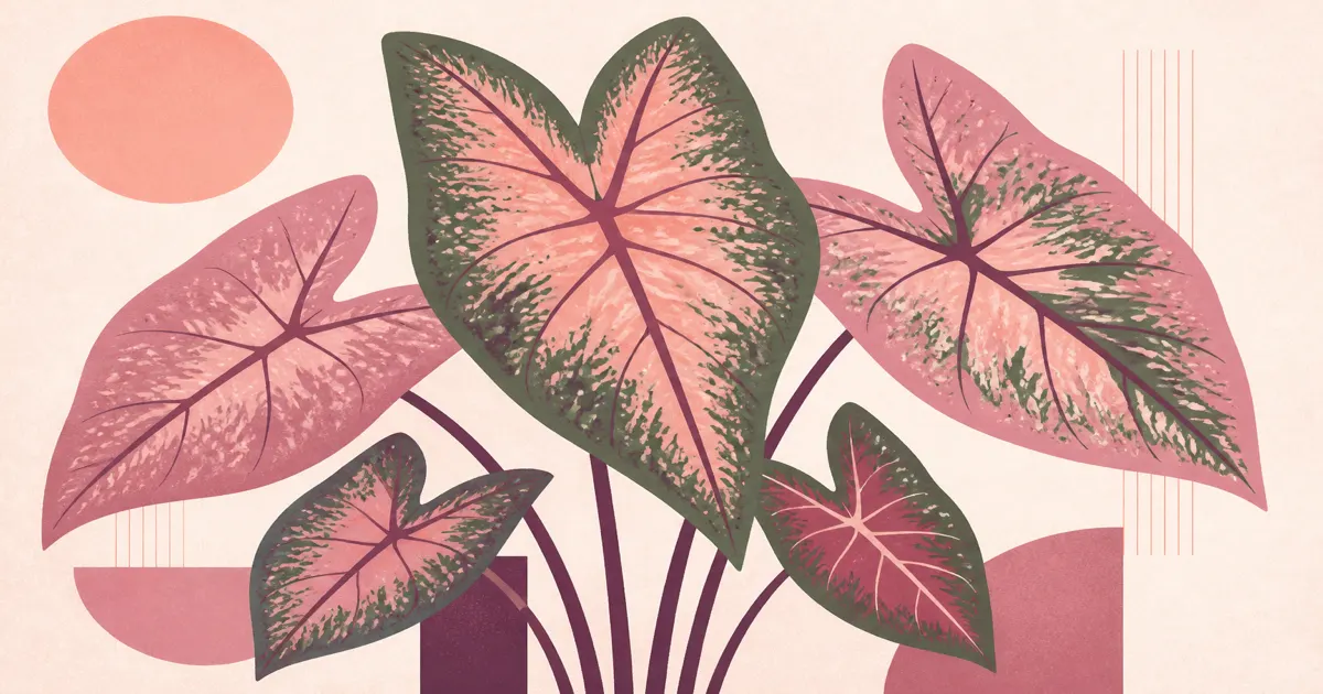 Geometric screenprint of pink and green caladium leaf shapes on blush paper