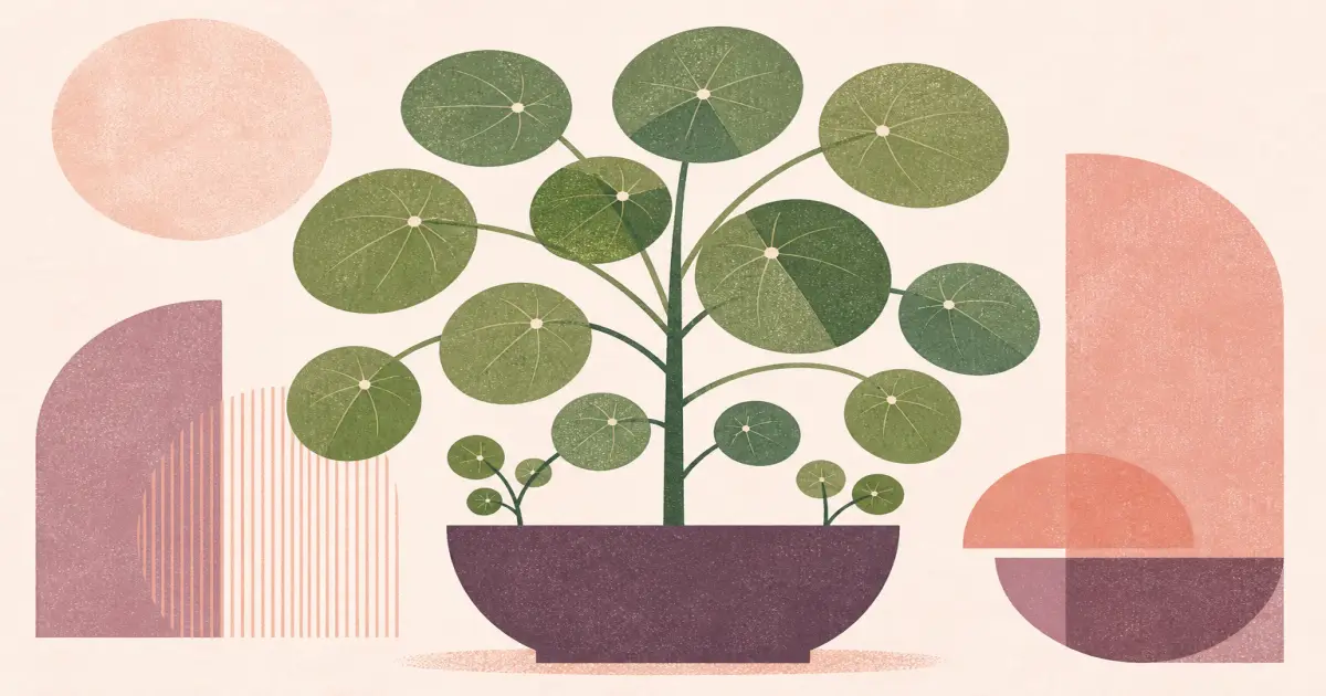 Geometric screenprint of round Pilea peperomioides leaves on blush paper