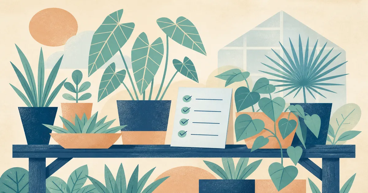 Geometric screenprint of a nursery bench with pots and a checklist shape