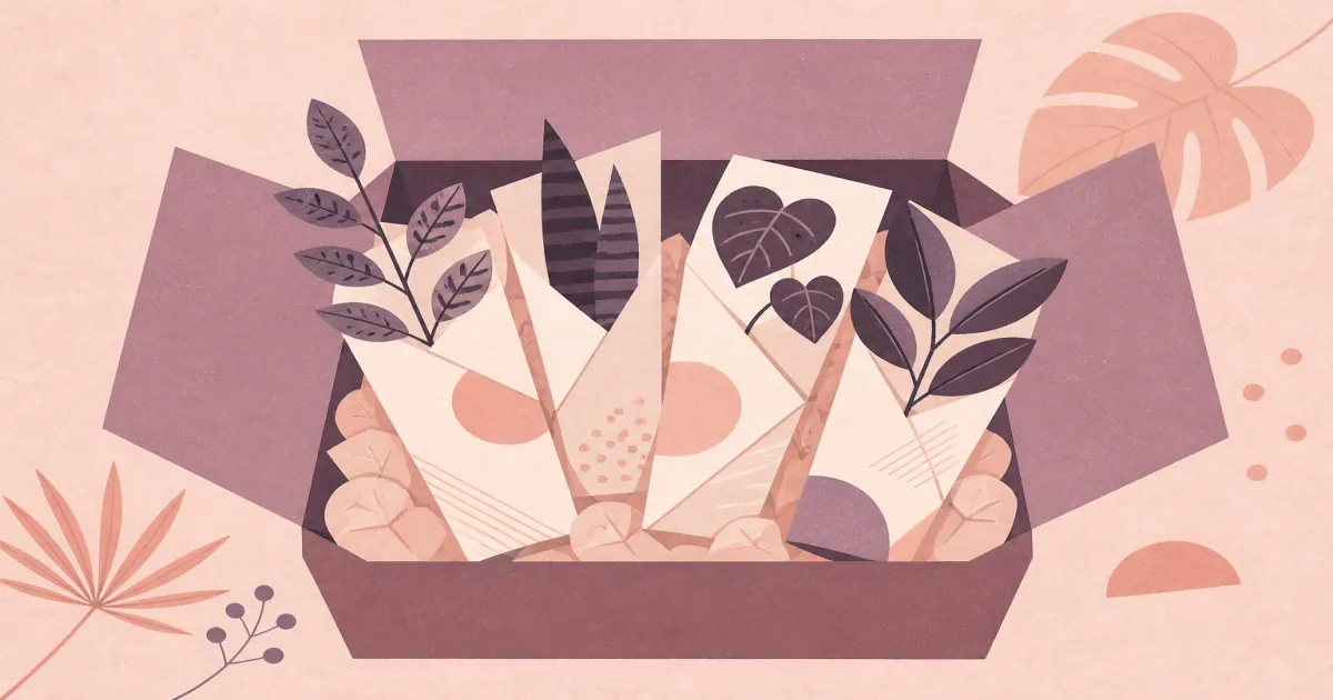 Geometric screenprint illustration of plant cuttings wrapped and boxed for shipping