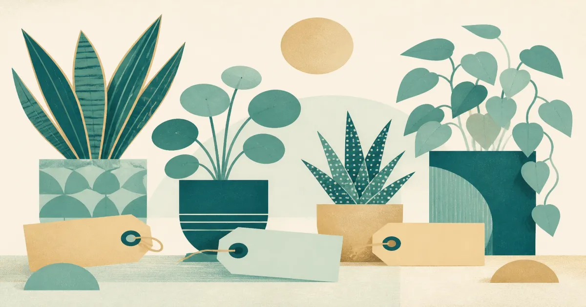 Geometric screenprint of potted plants beside simple price tag shapes