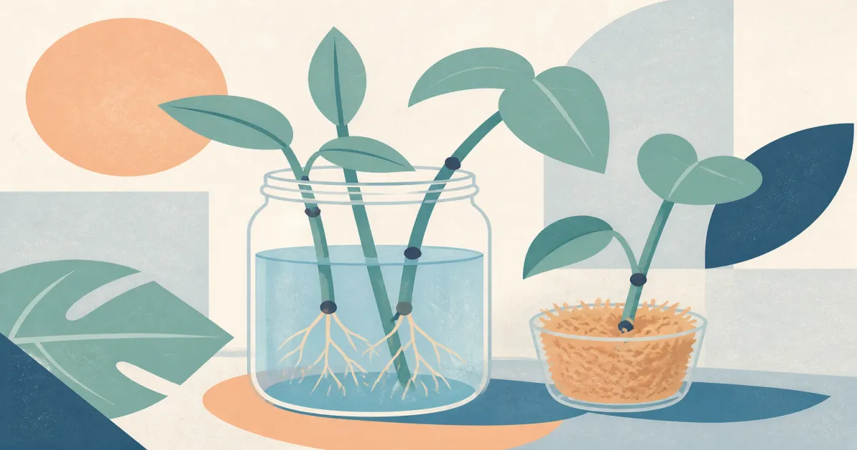 Geometric screenprint of plant cuttings rooting in jar and moss cup