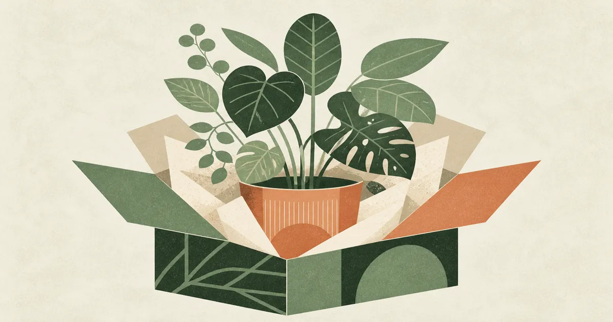 Geometric screenprint of a plant packed upright in a shipping box