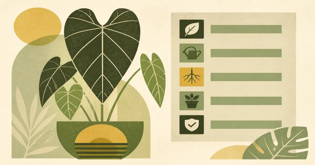 Geometric screenprint illustration of a checklist beside a rare houseplant silhouette