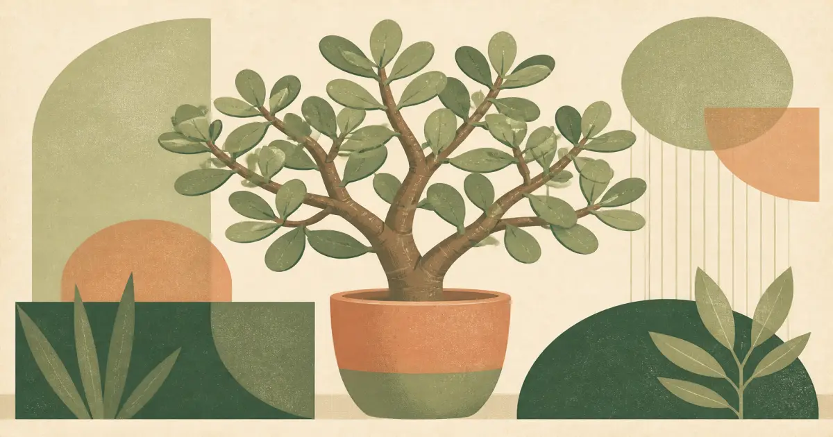 Geometric screenprint of a jade plant with plump oval leaves on parchment paper