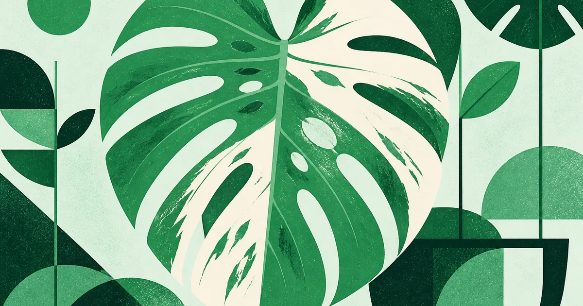 Geometric screenprint illustration of a variegated Monstera Albo leaf