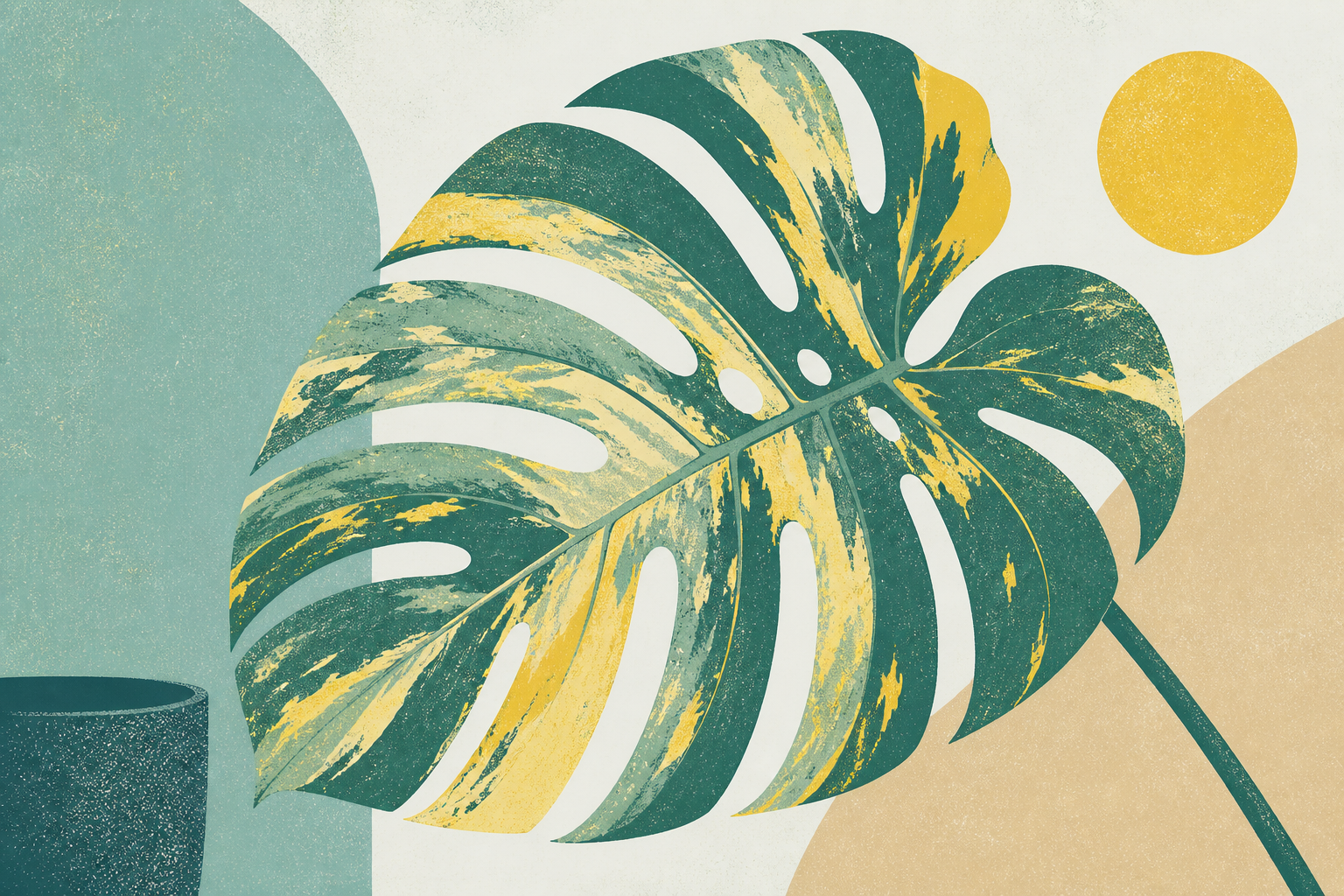 Geometric screenprint of a Monstera leaf with yellow variegation