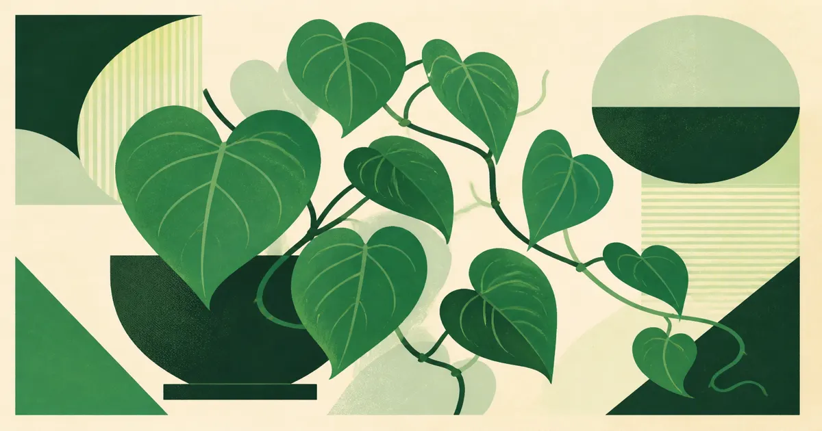 Geometric screenprint illustration of Philodendron leaves and a pot