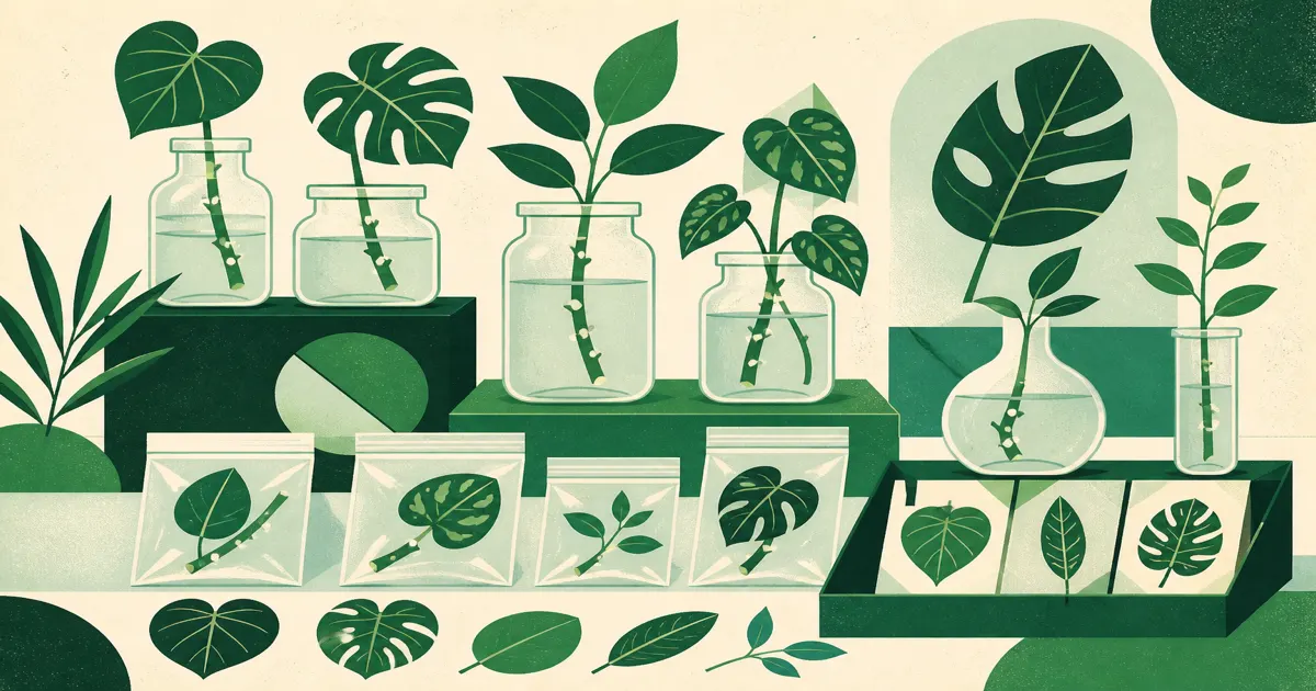 Geometric screenprint illustration of plant cuttings in jars and bags