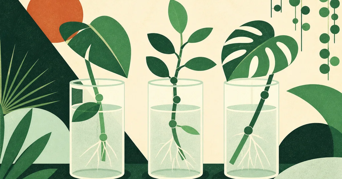 Geometric screenprint illustration of plant cuttings in jars