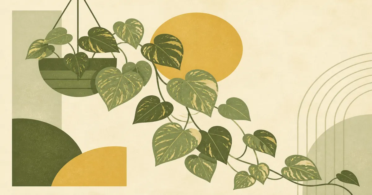 Geometric screenprint of trailing pothos leaves on warm cream paper