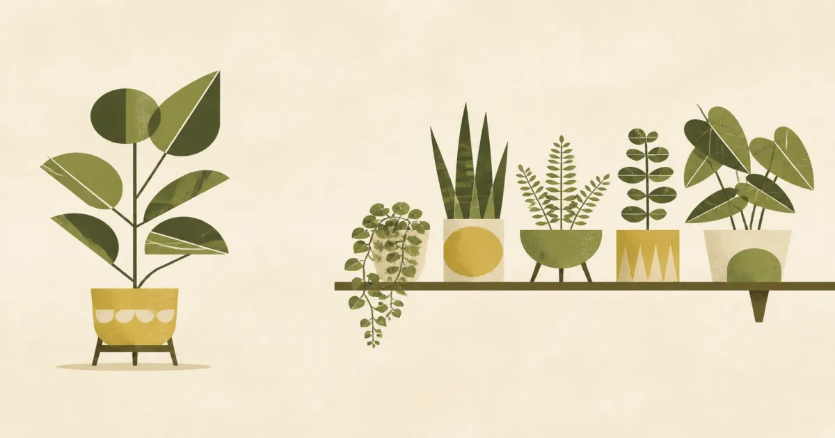 Geometric screenprint of a single potted plant separated from a plant shelf