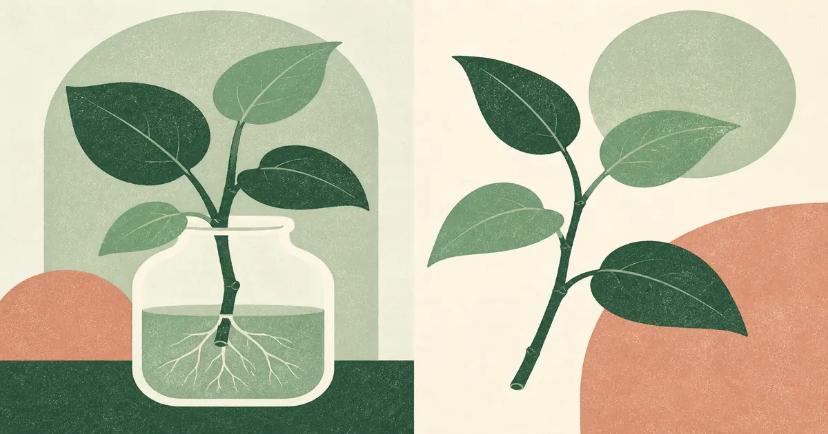 Geometric screenprint comparing a rooted cutting in a jar with an unrooted stem