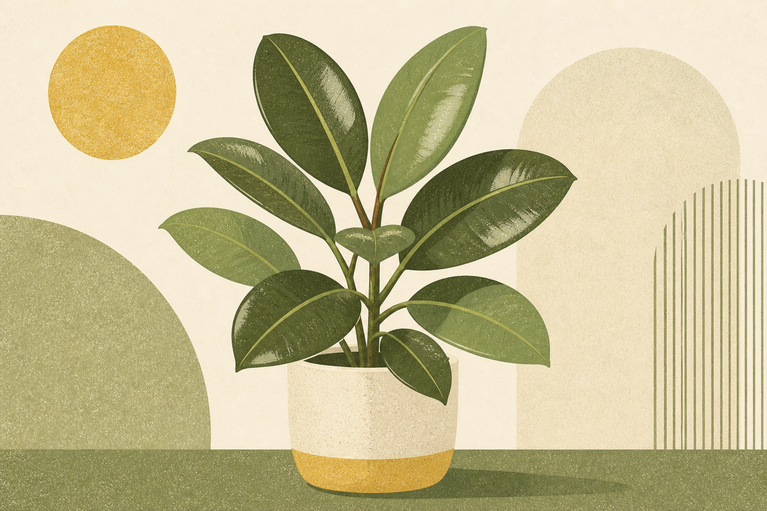 Geometric screenprint of a glossy rubber plant leaf and small tree form