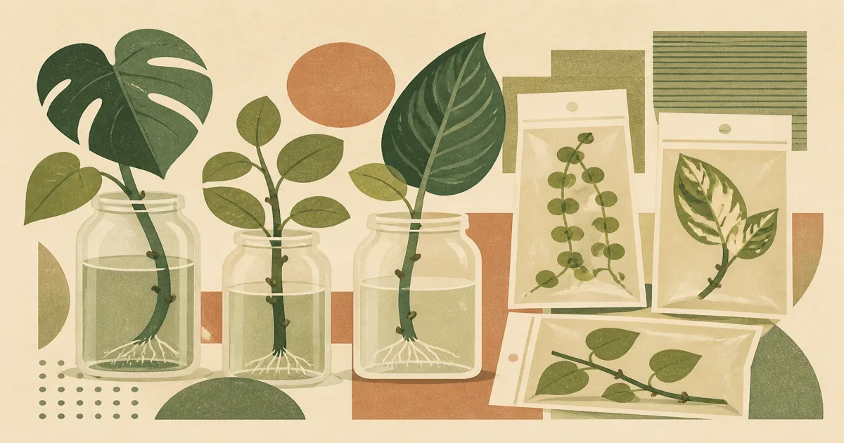 Geometric screenprint of labeled plant cuttings in jars on sage paper