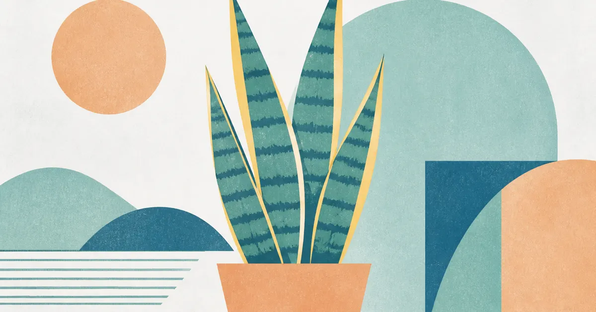 Geometric screenprint of upright snake plant leaves on cool mist paper
