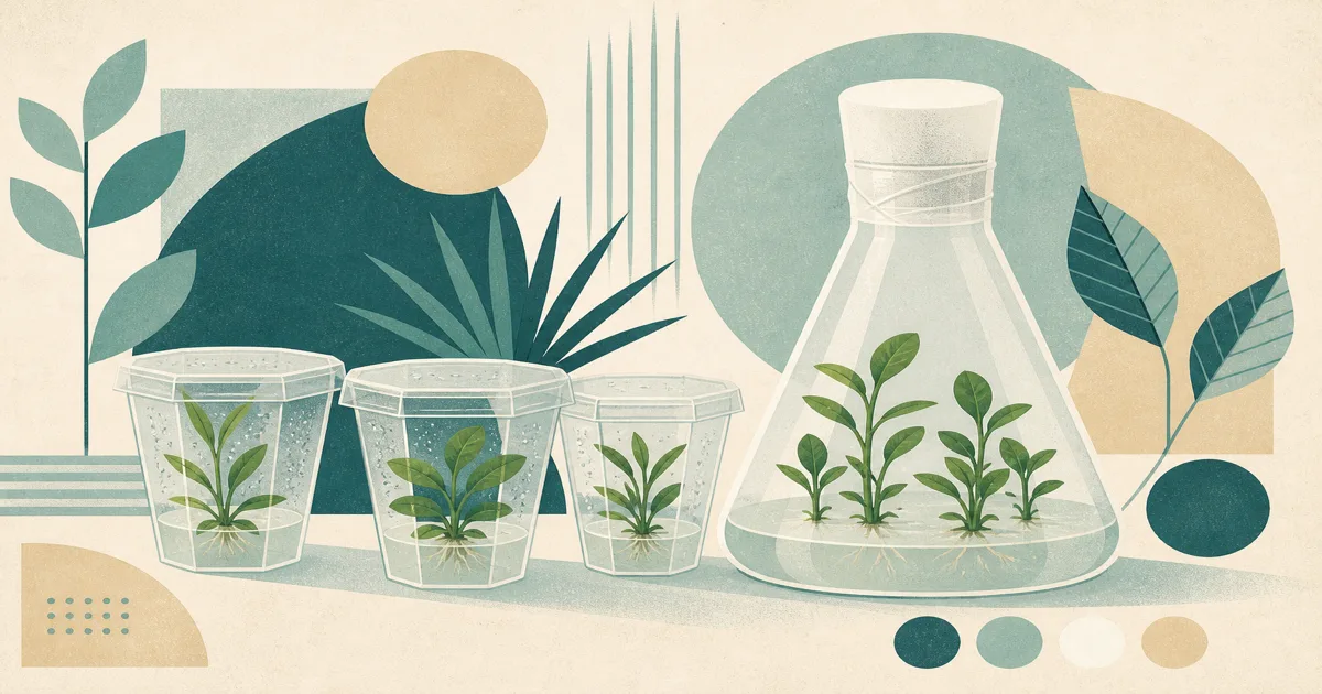 Geometric screenprint of tiny tissue culture plantlets in clear cups