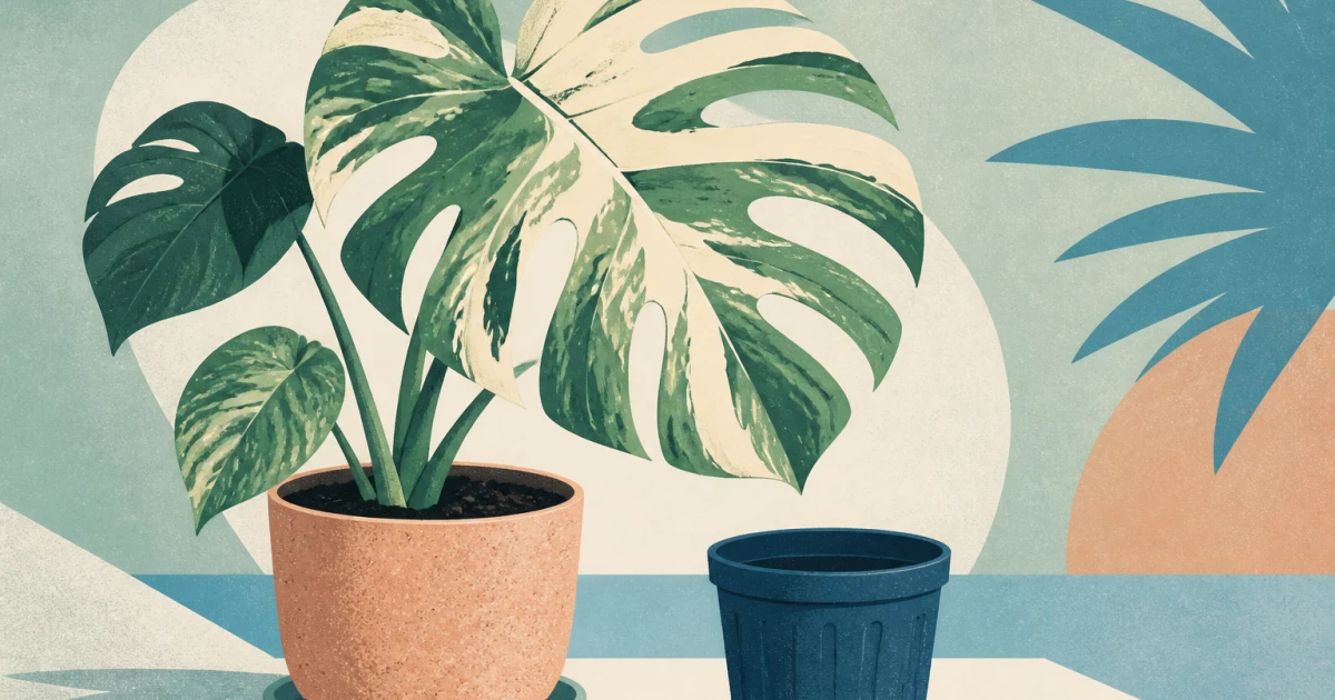 Geometric screenprint of a variegated Monstera in a pot beside an empty nursery pot