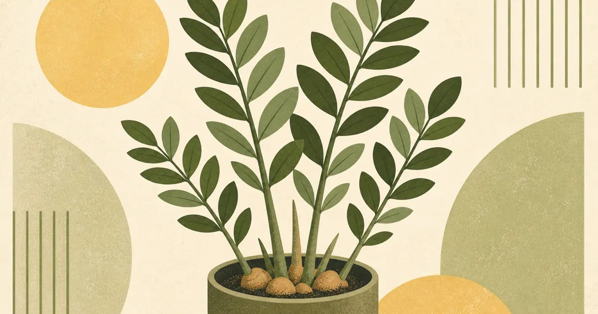 Geometric screenprint of glossy ZZ plant leaflets on warm cream paper